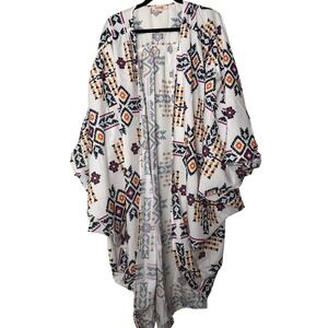 Mazik Womens Tribal Geometric Print Kimono Wrap Open Front White Large Boho